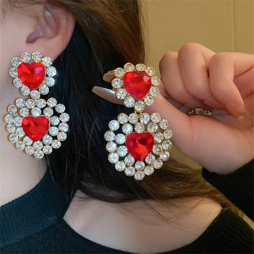 Mixed love pendant earrings wholesale exaggerated personality long red rhinestone heart earrings for women