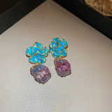 Fashion enamel oil drop flower earrings retro personality irregular stone pendant earrings 925 silver needle
