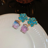 Fashion enamel oil drop flower earrings retro personality irregular stone pendant earrings 925 silver needle