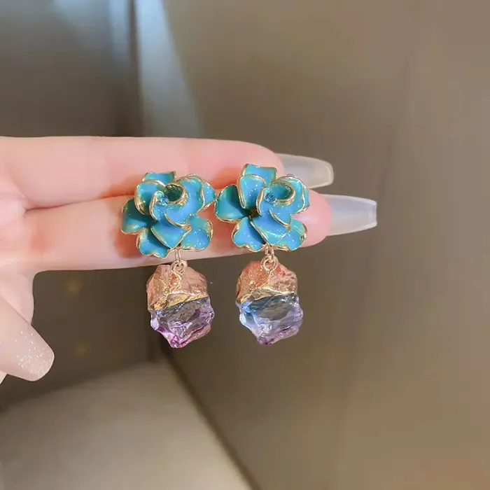 Fashion enamel oil drop flower earrings retro personality irregular stone pendant earrings 925 silver needle