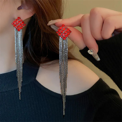 Personalized geometric diamond rhinestone earrings fashion design long tassel earrings 925 silver needle for women