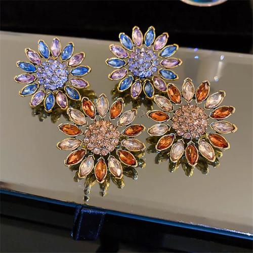 Exaggerated design color rhinestone daisy earrings women's wholesale luxury flower earrings