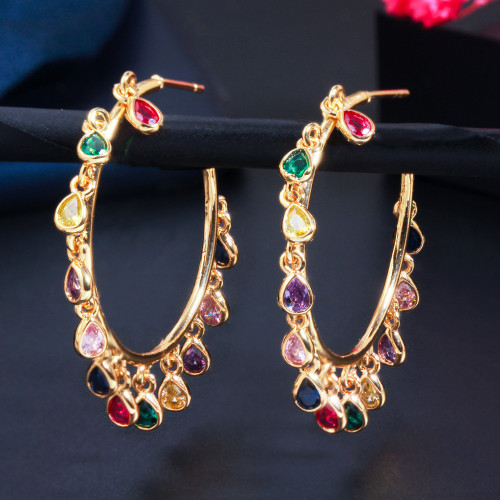 Wish European and American New Fashion Droplet Tassel Earrings, Brass Gold Plated Zircon Round Earrings, Colored Zircon Earrings Manufacturer