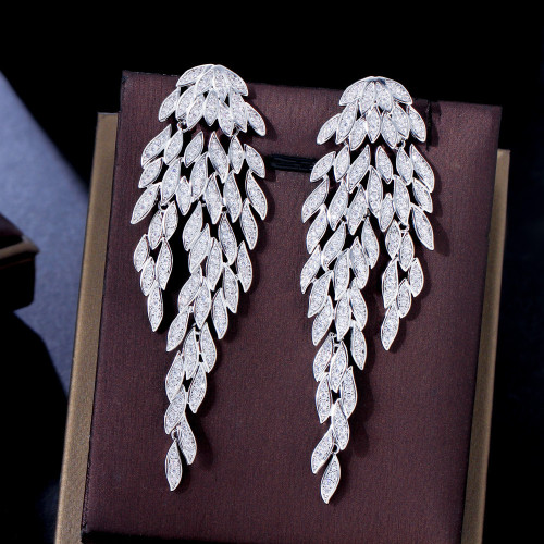 Star style light luxury French elegant leaf tassel full diamond earrings S925 silver needle grand banquet earrings