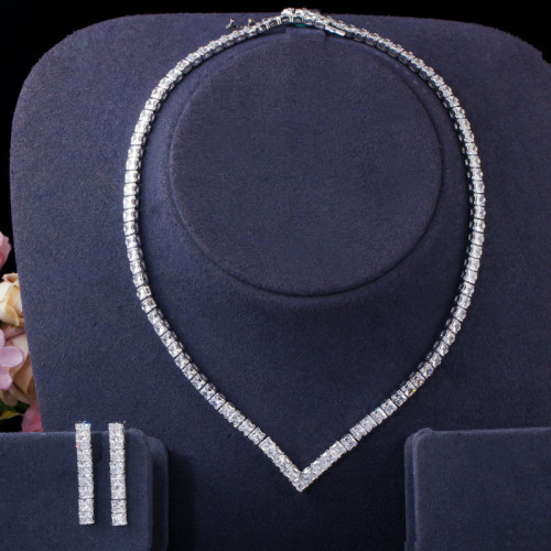 T0154 Hot selling small square zircon set in Europe and America, necklace earrings, two piece set, high-end banquet dress, women's accessories