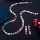 Cross border jewelry European and American full diamond minimalist rainbow colored zircon necklace fashion evening party necklace earring set