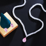 Princess pink diamond ins Korean version earring necklace with slim inlay of zircon two-piece earring pendant necklace set
