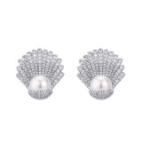 Korean internet celebrity light luxury style S925 silver needle pearl micro inlaid zircon fan-shaped earrings street shooting live streaming earring manufacturer