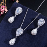 KI0083 Japanese and Korean Literature and Art Fresh Set with Zircon Water Drop Pearl Pendant Earrings, Two Piece Set, Factory Direct Sales