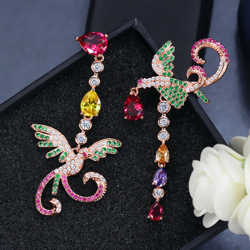 Wholesale of European and American fashion ethnic style long phoenix S925 sterling silver needle earrings, colored zircon earrings, and earrings