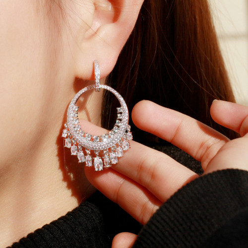 European and American popular jewelry large circle full diamond tassel earrings, copper plated platinum zircon women's earrings manufacturer wholesale