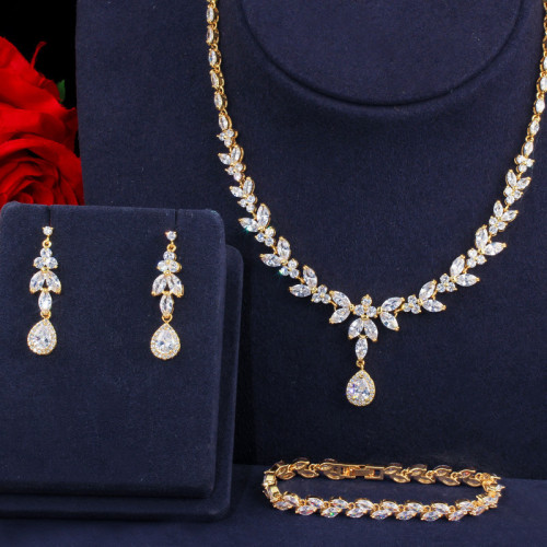 T0145 Korean Edition Noble and Elegant Bridal Jewelry High end AAA Zircon Necklace Earrings Bracelet Three piece Set
