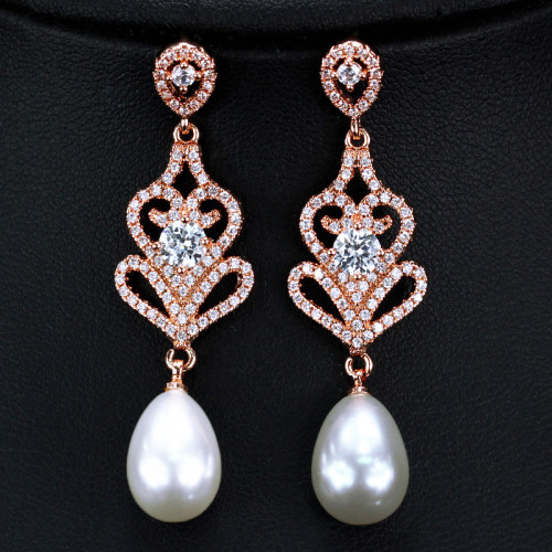 E0219 Korean version high-end full diamond pearl bride earrings with micro inlaid zircon geometric shape earrings S925 silver needles