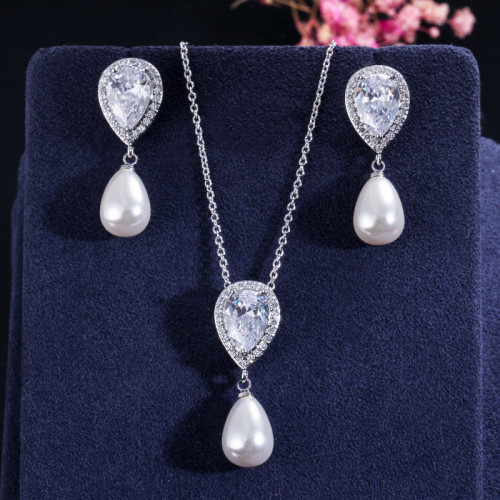 KI0083 Japanese and Korean Literature and Art Fresh Set with Zircon Water Drop Pearl Pendant Earrings, Two Piece Set, Factory Direct Sales