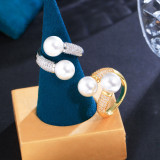 Korean version of light luxury and niche style, simple double pearl open ring with micro inlay of zircon, popular on the internet, and wholesale of versatile hand accessories for live streaming