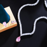 Princess pink diamond ins Korean version earring necklace with slim inlay of zircon two-piece earring pendant necklace set