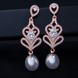 E0219 Korean version high-end full diamond pearl bride earrings with micro inlaid zircon geometric shape earrings S925 silver needles