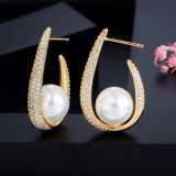 Wholesale of South Korean version S925 silver needle brass electroplated genuine gold micro inlaid zircon pearl earrings and earrings