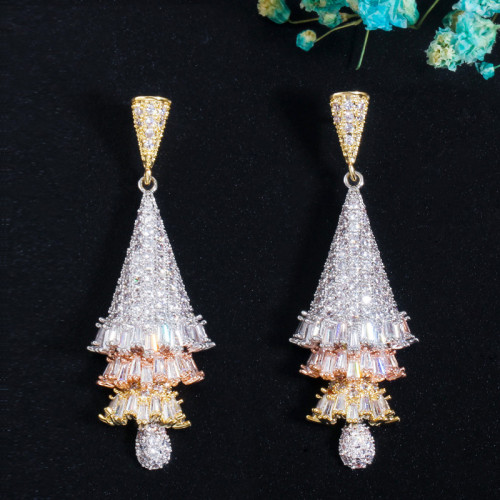 Guangzhou Fashion Jewelry European and American Micro inlaid Zircon Tricolor Craft 3D Skirt Earrings Christmas Tree Earrings Manufacturer