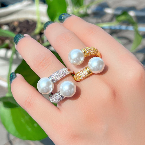 Korean version of light luxury and niche style, simple double pearl open ring with micro inlay of zircon, popular on the internet, and wholesale of versatile hand accessories for live streaming