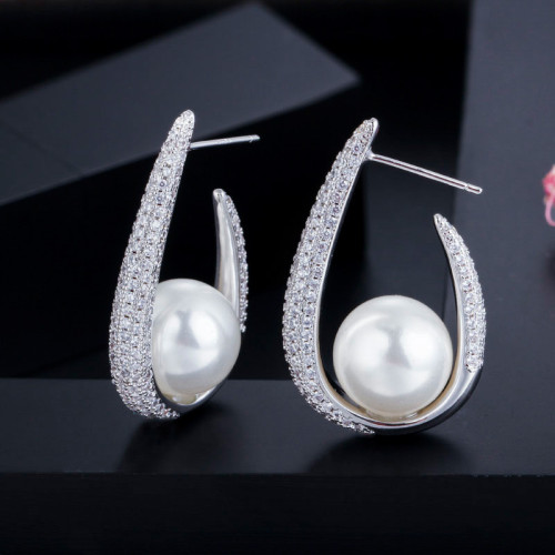 Wholesale of South Korean version S925 silver needle brass electroplated genuine gold micro inlaid zircon pearl earrings and earrings