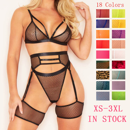 19 Color European and American Cross border Amazon Women's Fishing Net Perspective Lace Sexy and Fun Gathering Three Piece Set XS-3XL