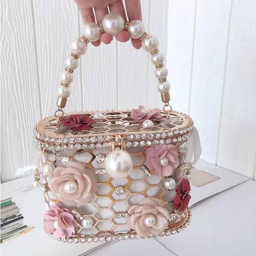 Pearl Handheld Bag Women's Fashion Ladies Metal Summer New diagonal cross flower niche design bucket bag