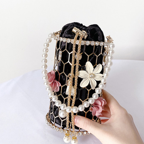 New pearl bag, women's diagonal cross dinner bag, high-end hardware flower handbag