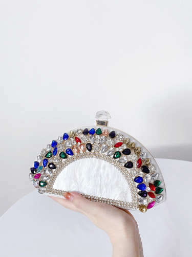 Fan shaped diamond set dinner bag for women with diagonal cross chain acrylic bag, gemstone hand-held bag