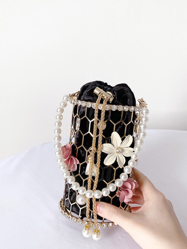 New pearl bag, women's diagonal cross dinner bag, high-end hardware flower handbag
