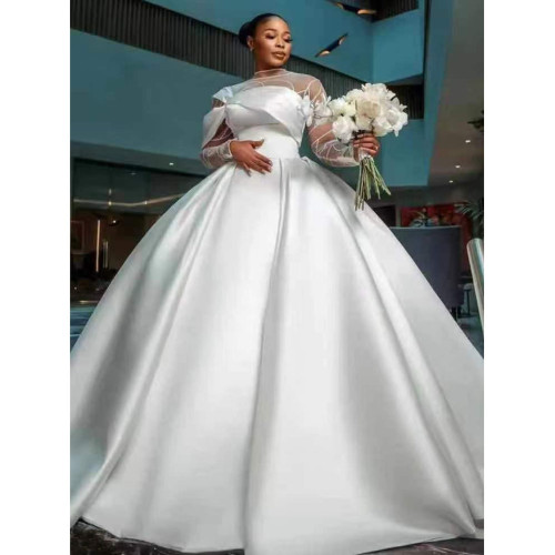 New Foreign Trade Wedding Dress with High Waist, Slim Fit, Elegant Satin Tailed Princess Dress Wedding Dress