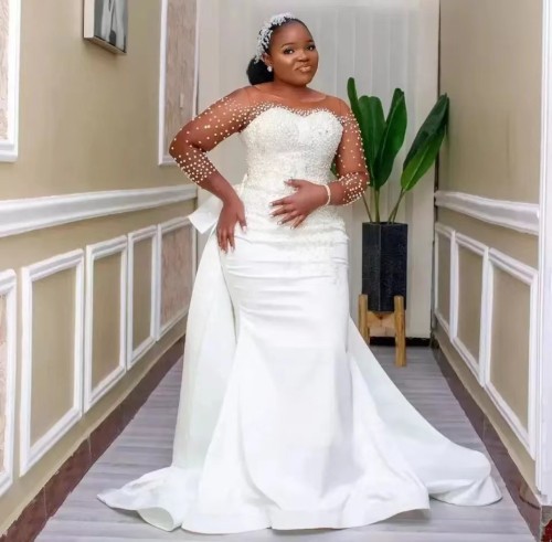 New African Removable Wedding Dress Mermaid Slim Fit Deep Skin Lace Long sleeved Bridal Bridal Bridal Bridal Bridal Dress