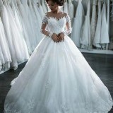 New Long sleeved Round Neck Lace Mid Waist Mid Length White Adult Wedding Dress Lace Wholesale in Stock