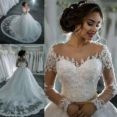 New Long sleeved Round Neck Lace Mid Waist Mid Length White Adult Wedding Dress Lace Wholesale in Stock