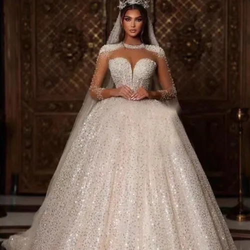 African New Round Neck Wedding Dress Long sleeved Tailed Handmade Pearl Vintage Lace Bridal Dress