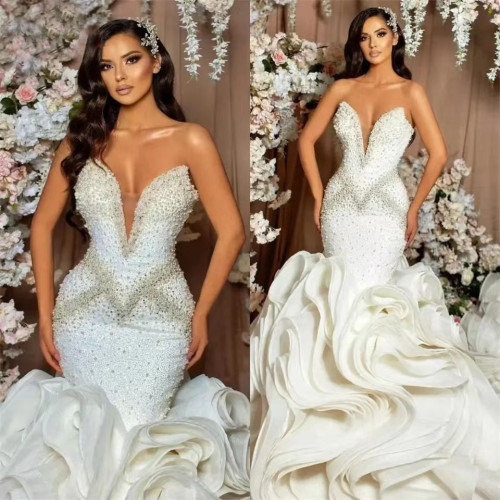 New African Wedding Dress for Foreign Trade: Mermaid Slim Fit Fishtail Skirt with Bead Decoration and Lace up Big Tail Bride Wedding Dress