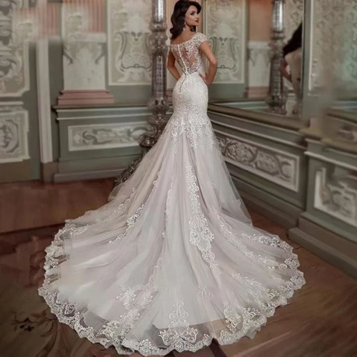 New Amazon Mermaid Wedding Dress Slim Fit One Shoulder Long Lace Tied Fishtail Wedding Dress