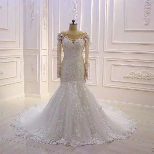 New African mermaid wedding dress with high waist, slim fit, elegant temperament, long sleeves, skin tone, lace, bride's dress