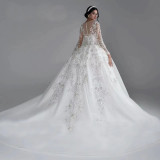 Main Wedding Dress New French Lace Wedding Dress Elegance Tail Welcoming Dress Beaded Embroidered Long sleeved Bridal Dress