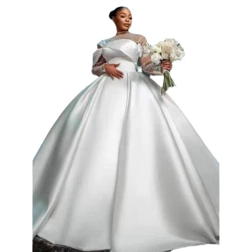 New Foreign Trade Wedding Dress with High Waist, Slim Fit, Elegant Satin Tailed Princess Dress Wedding Dress