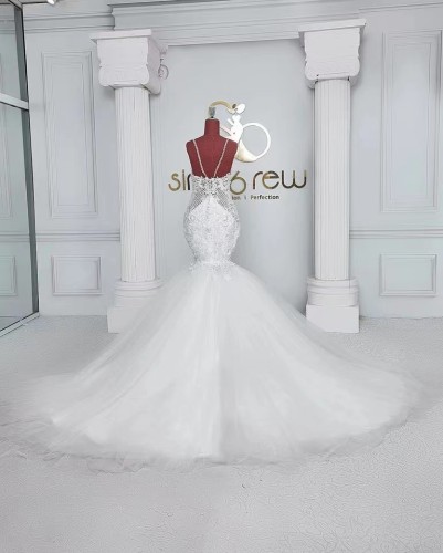 African New Slim Fit Mermaid Wedding Dress Bridal Sheep Slim Hanging Strap Bra Retro Lace Diamonds Wedding Dress