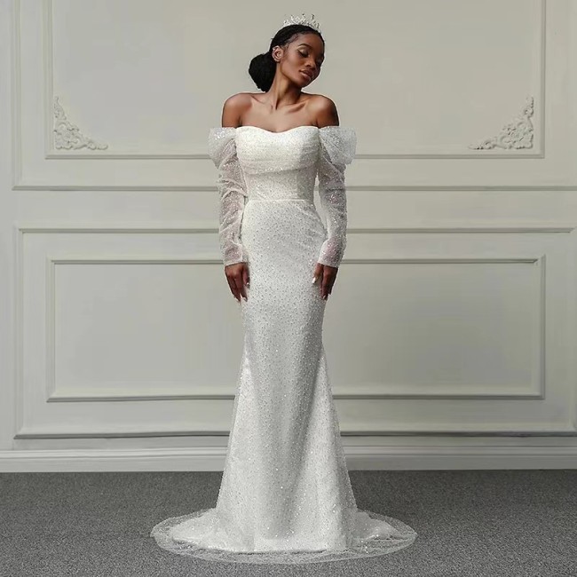 New Foreign Trade Wedding Dress with African Mermaid Slim Fit, Elegant Fishtail, Long Beaded Embroidery, Lace up Tail