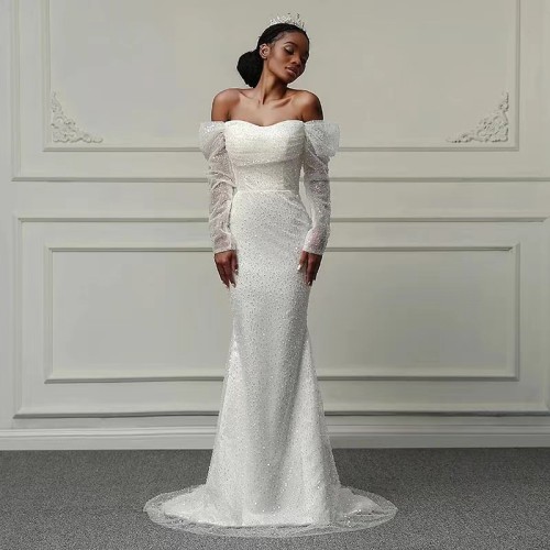 New Foreign Trade Wedding Dress with African Mermaid Slim Fit, Elegant Fishtail, Long Beaded Embroidery, Lace up Tail
