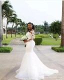 New Foreign Trade African Mermaid Slim Fit Wedding Dress Long sleeved Skin Tone Lace Round Neck Tie up Bridal Wedding Dress