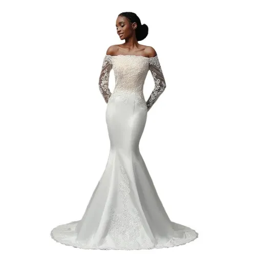 New Foreign Trade Wedding Dress, African Mermaid One Shoulder Series, Back Lace Tie, Slim Fit, Retro Lace Skirt