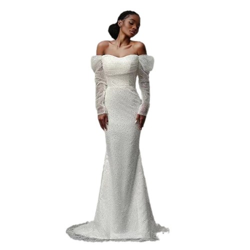 New Foreign Trade Wedding Dress with African Mermaid Slim Fit, Elegant Fishtail, Long Beaded Embroidery, Lace up Tail