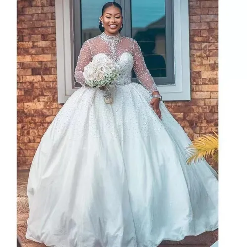 New African Wedding Dress for Foreign Trade High Waist Lace up Tailed Beaded Embroidered Palace Wedding Dress