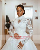 African wedding dress Muslim high necked long sleeved detachable tail wedding dress can be customized