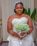New African Removable Wedding Dress Mermaid Slim Fit Deep Skin Lace Long sleeved Bridal Bridal Bridal Bridal Bridal Dress