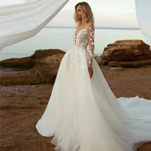 Foreign trade mermaid wedding dress, detachable tail, bride's wedding dress, long fitting, elegant and elegant dress